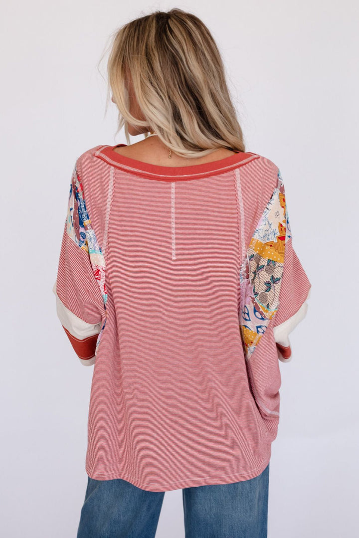 Striped Floral Patchwork Round Neck Top