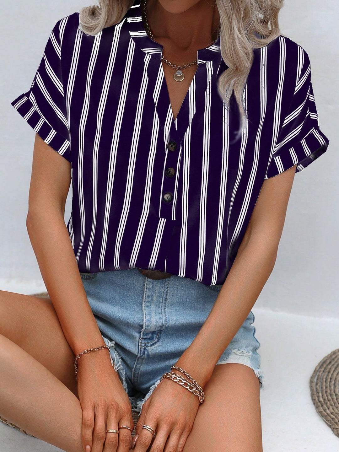 Striped Notched Short Sleeve Blouse