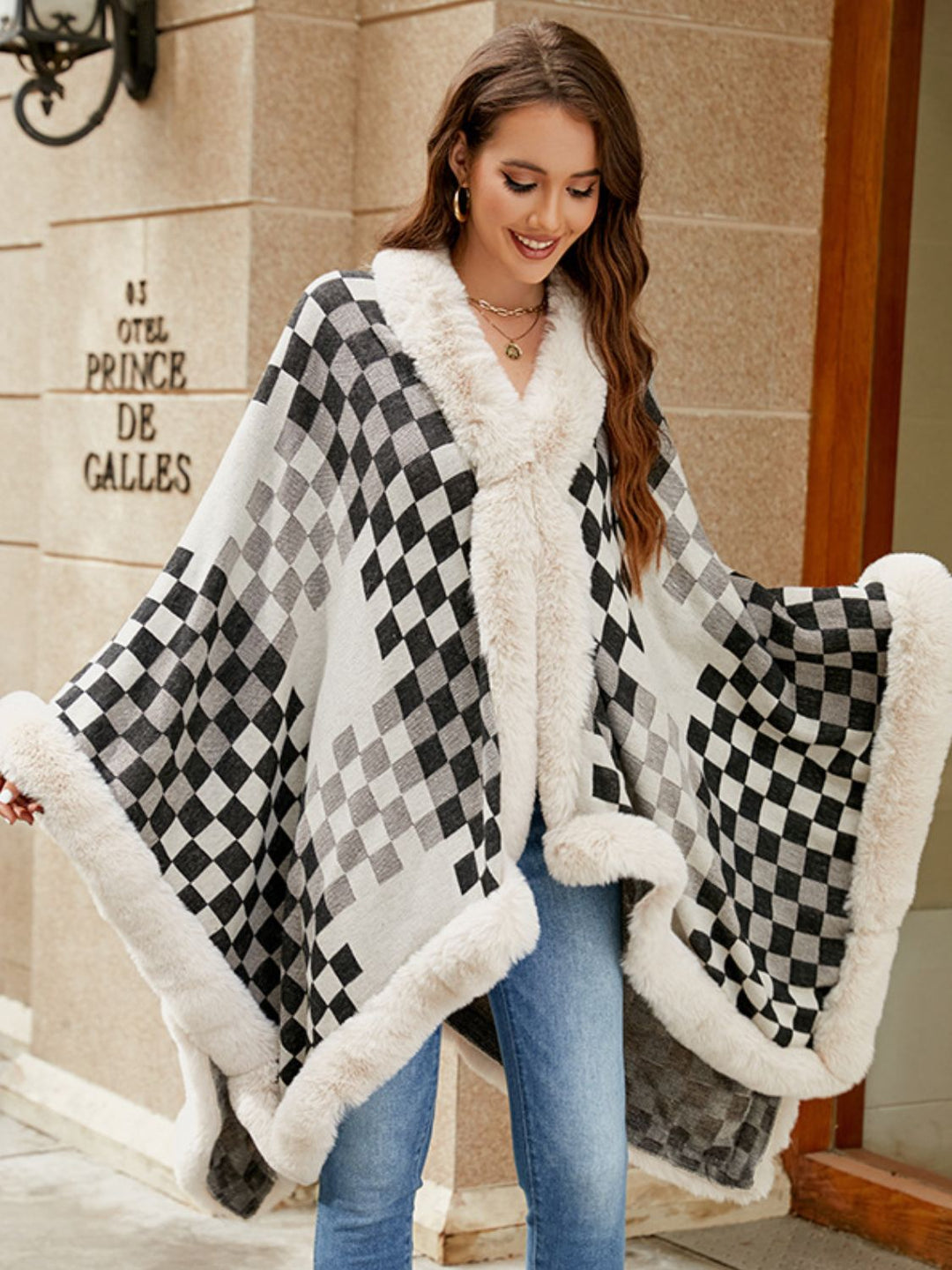 Fuzzy Checkered Long Sleeve Poncho