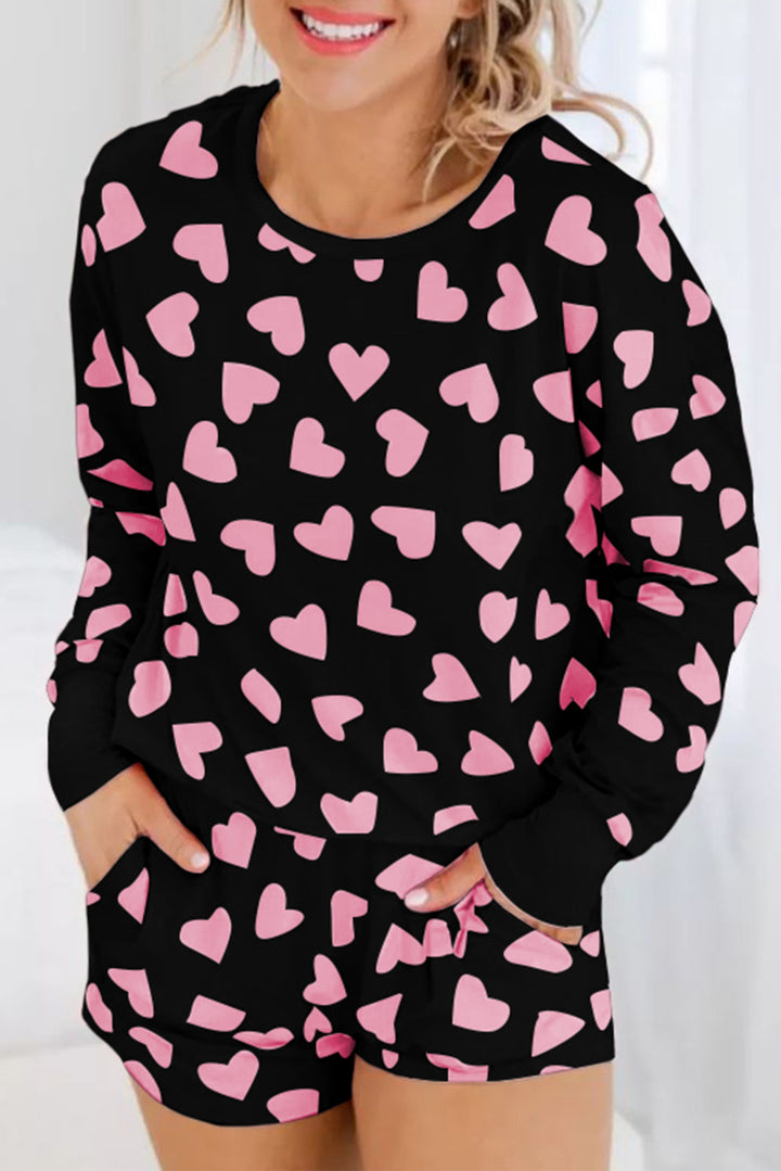 Heart Print Long Sleeve Top and Shorts Lounge Set