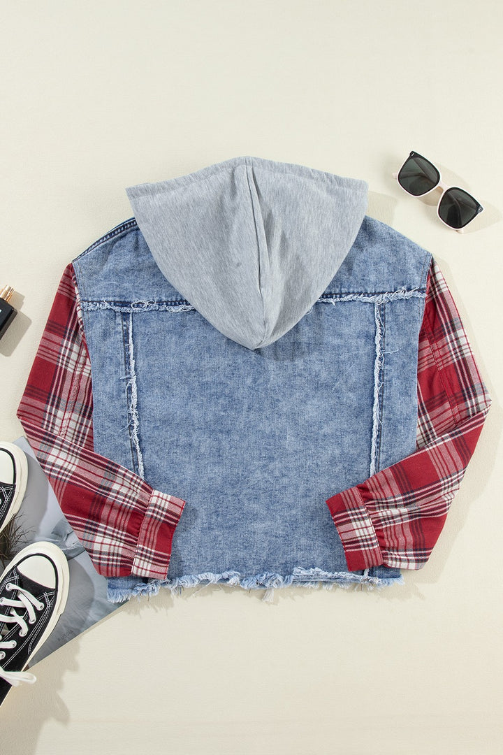 Raw Hem Drawstring Plaid Denim Jacket