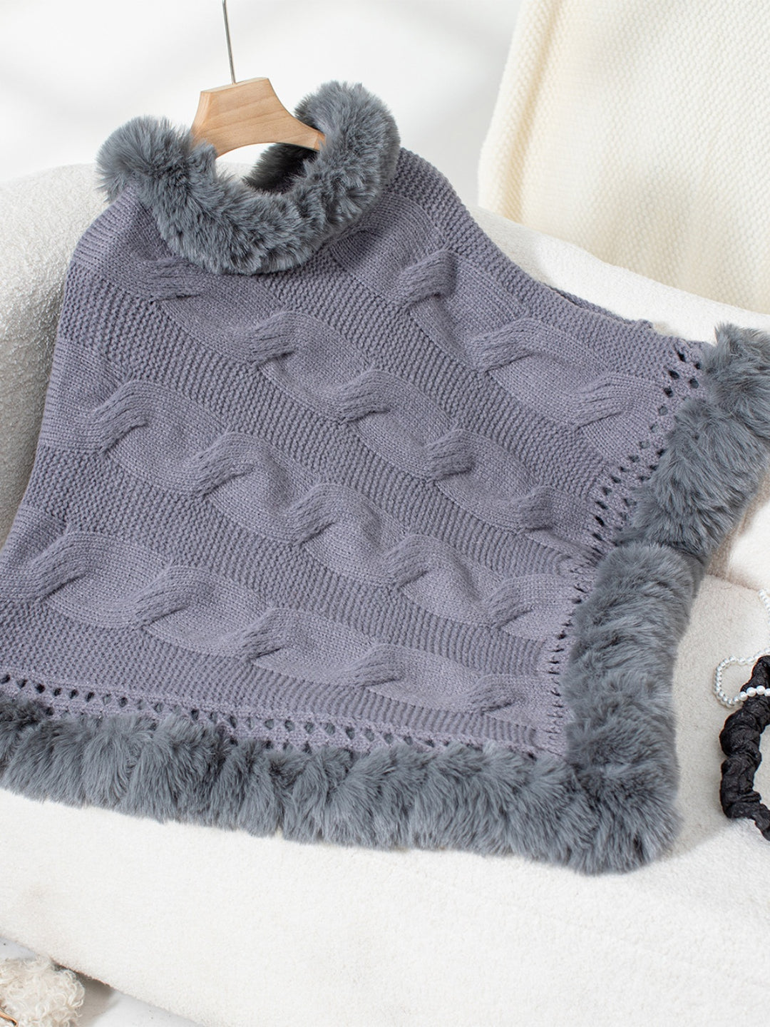 Fuzzy Hem Cable-Knit Poncho