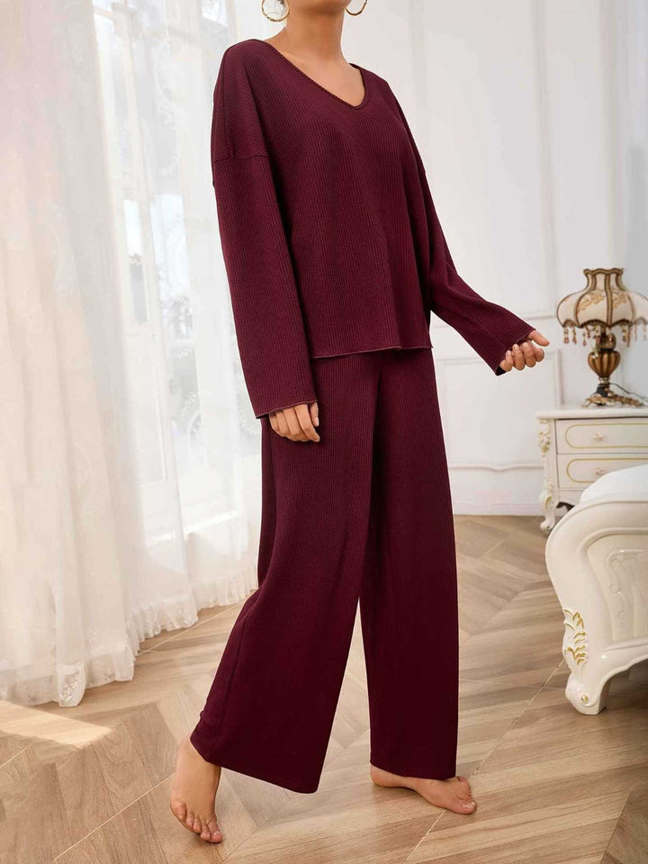 V-Neck Long Sleeve Top and Wide Leg Pants Set