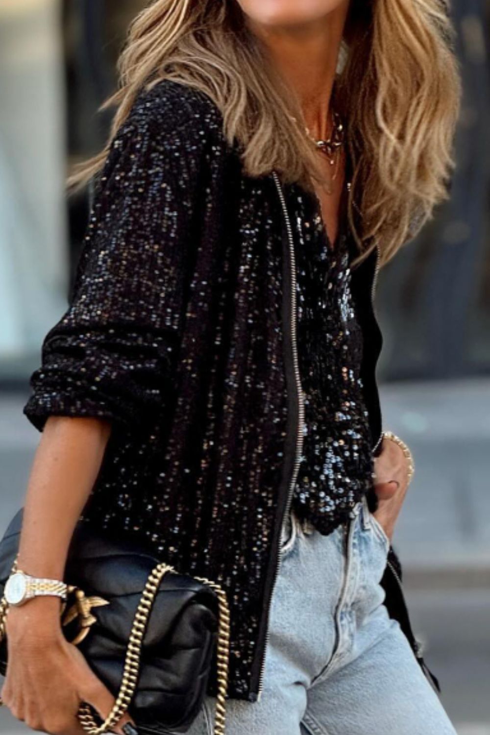 Sequin Zip Up Long Sleeve Jacket