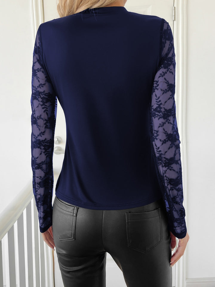 Lace Patchwork Mock Neck Long Sleeve Top