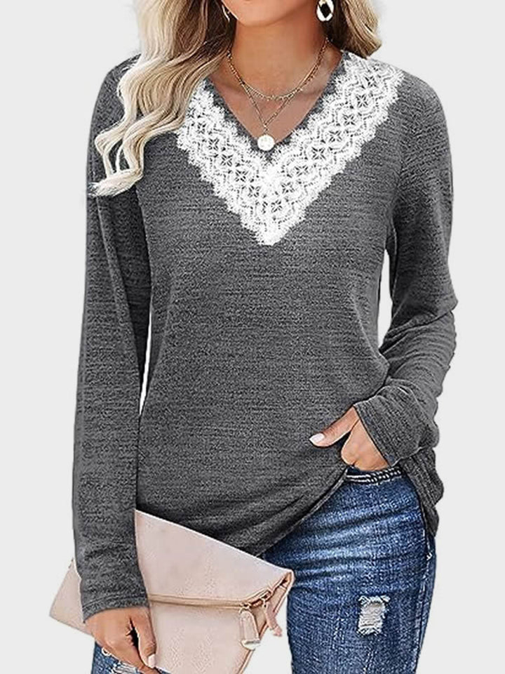 Lace Detail V-Neck Long Sleeve T-Shirt