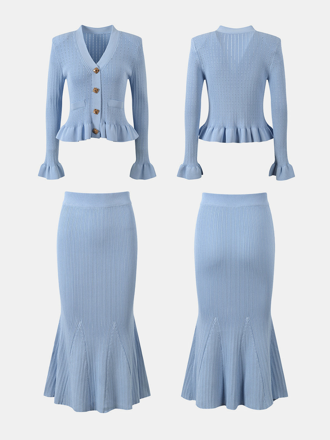 Ruffled V-Neck Top and Midi Skirt Sweater Set