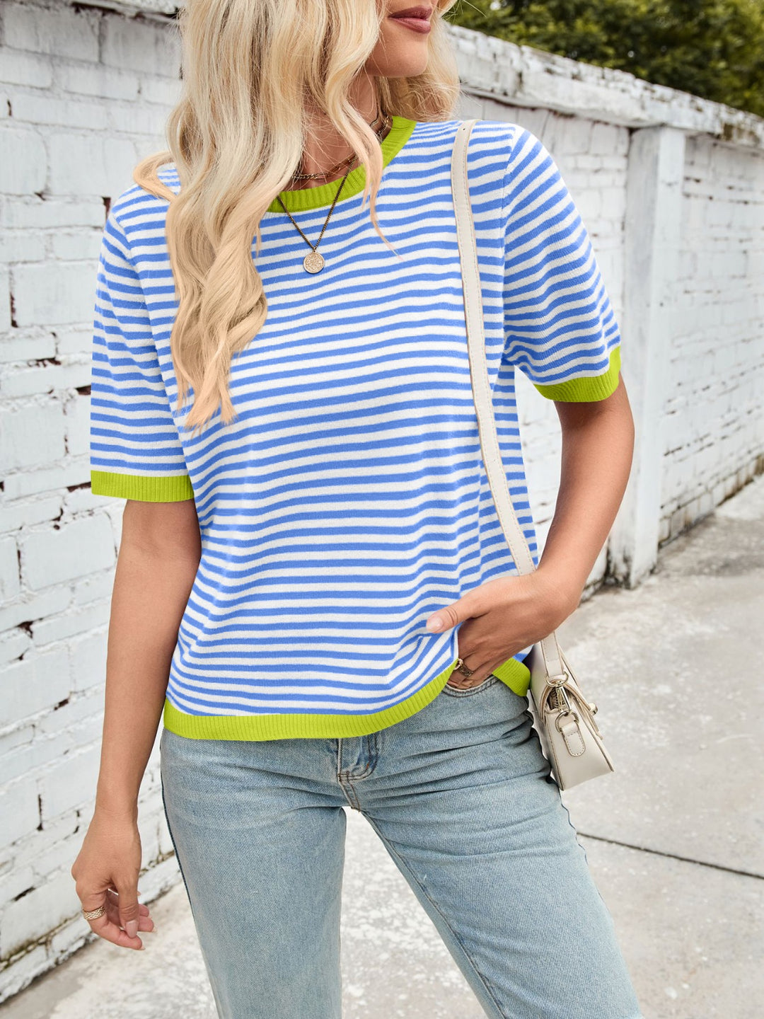 Lovelet Striped Contrast Round Neck Half Sleeve Knit Top