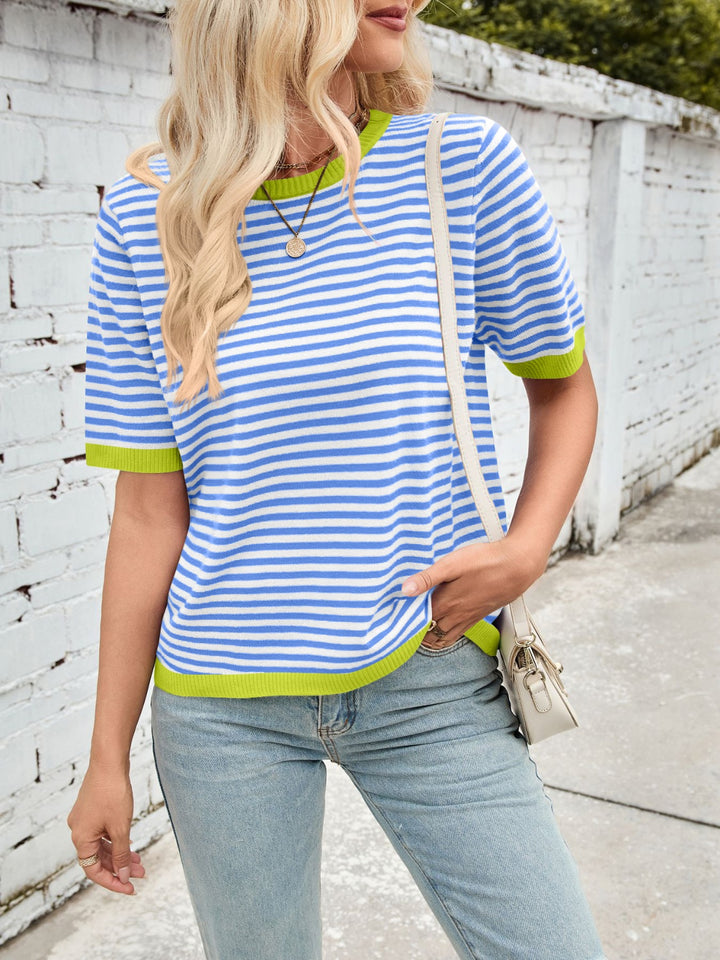 Lovelet Striped Contrast Round Neck Half Sleeve Knit Top