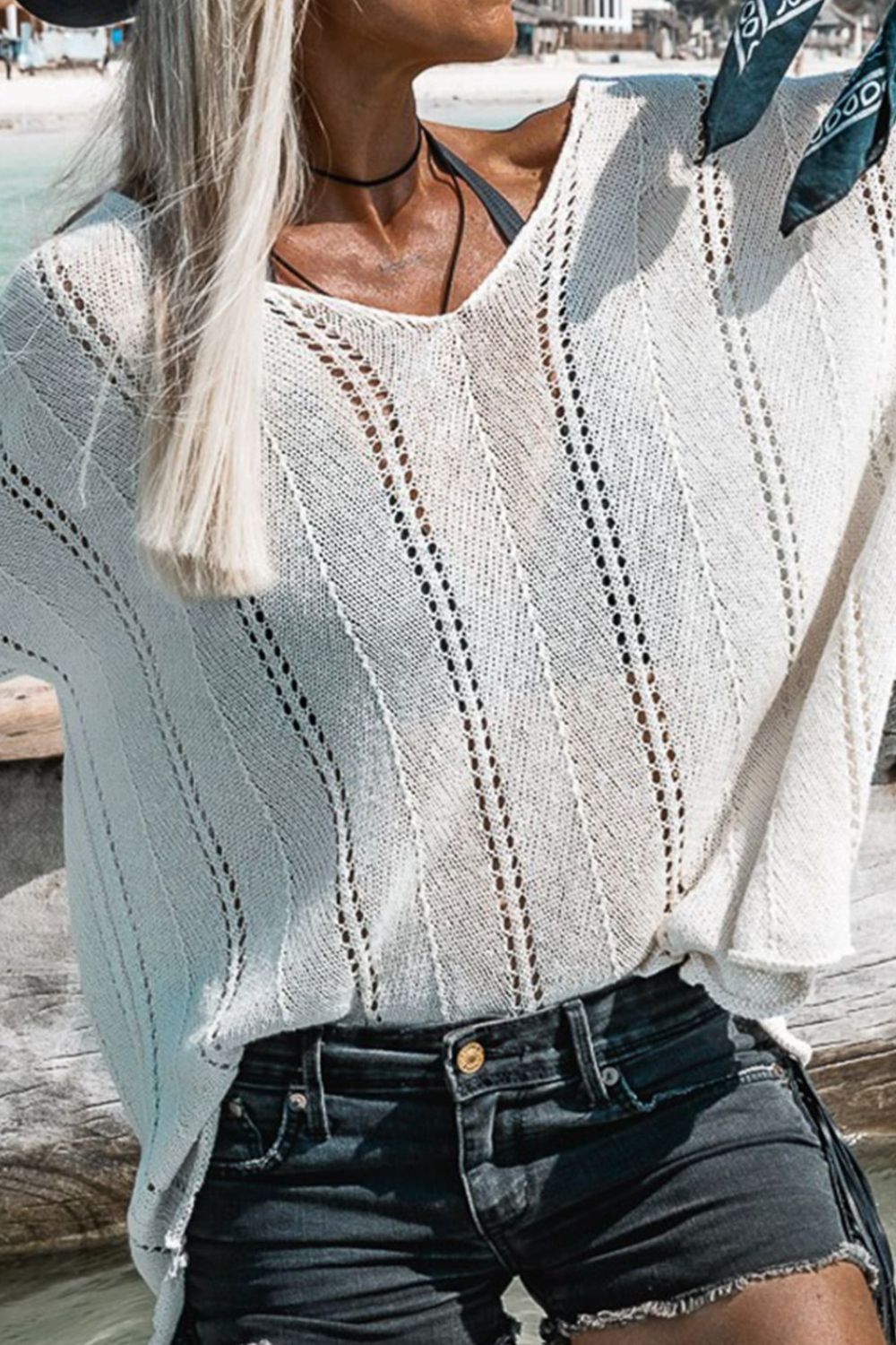 Openwork V-Neck Long Sleeve Knit Top