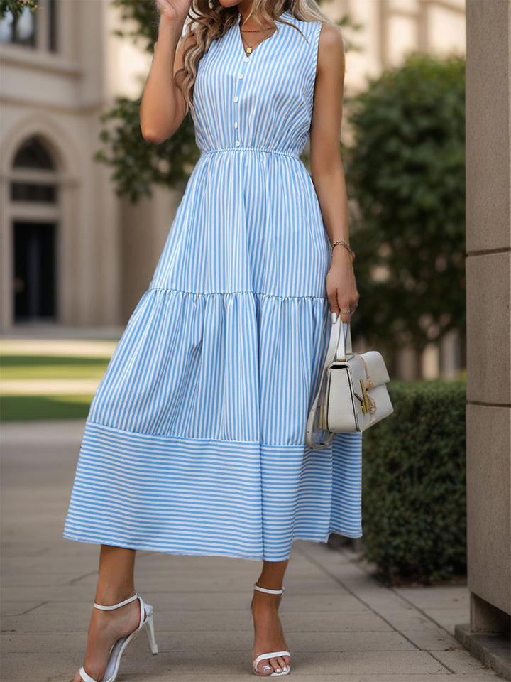 Striped Notched Sleeveless Midi Dress