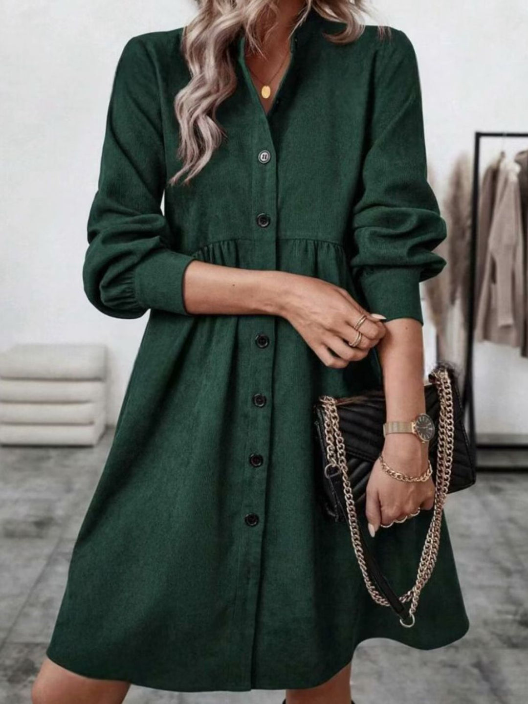 Ruched Button Up Long Sleeve Dress