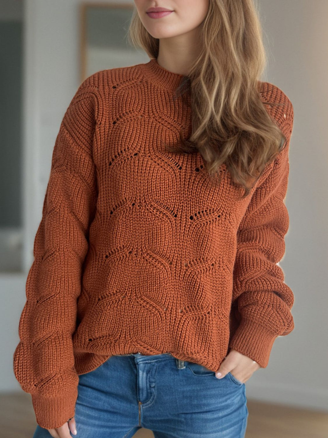 Openwork Round Neck Dropped Shoulder Sweater