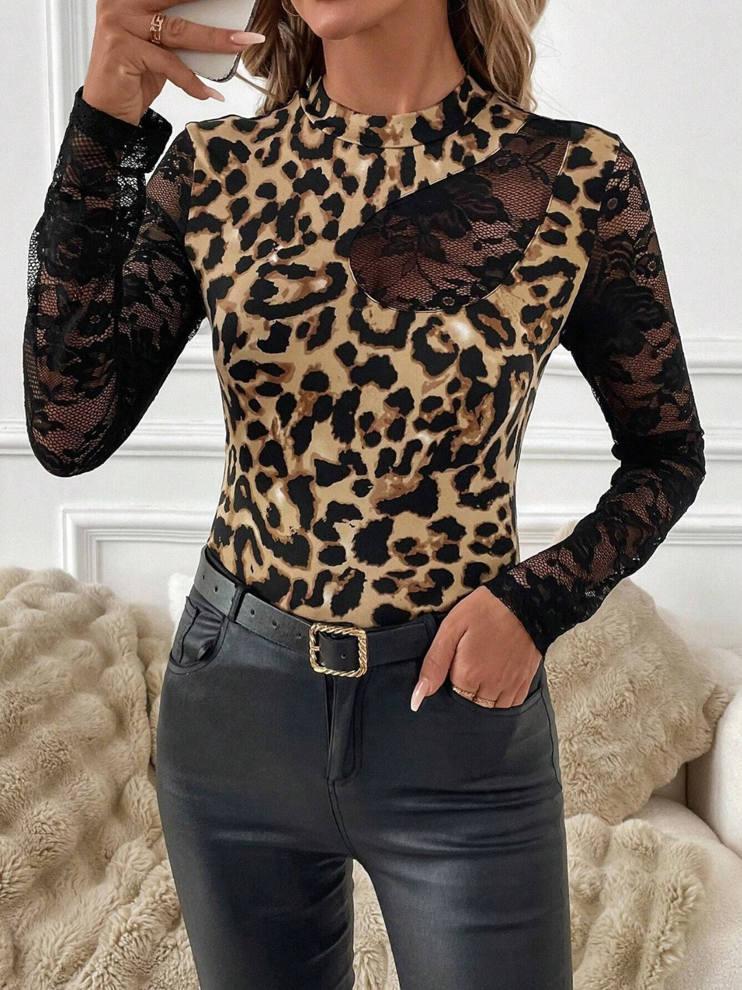 Lace Patchwork Mock Neck Long Sleeve Top