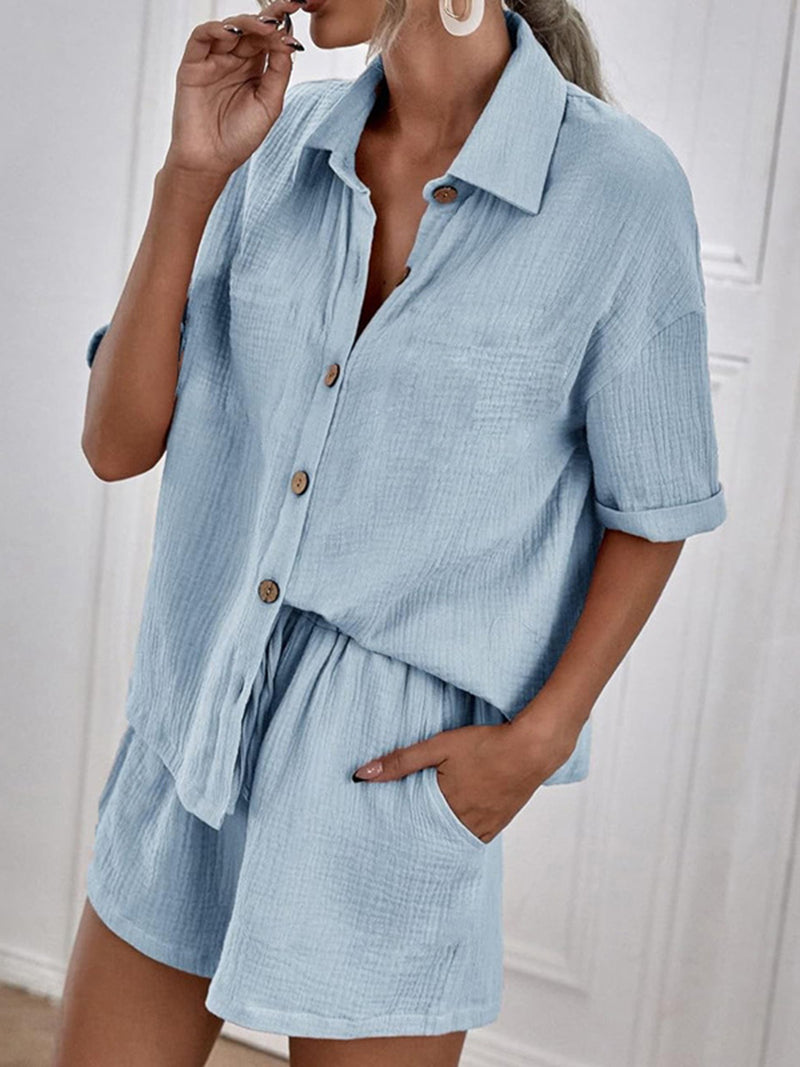 Button Up Short Sleeve Top and Shorts Set