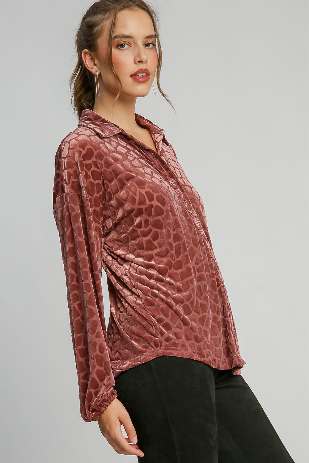 Umgee Animal Print Button Up Velvet Shirt