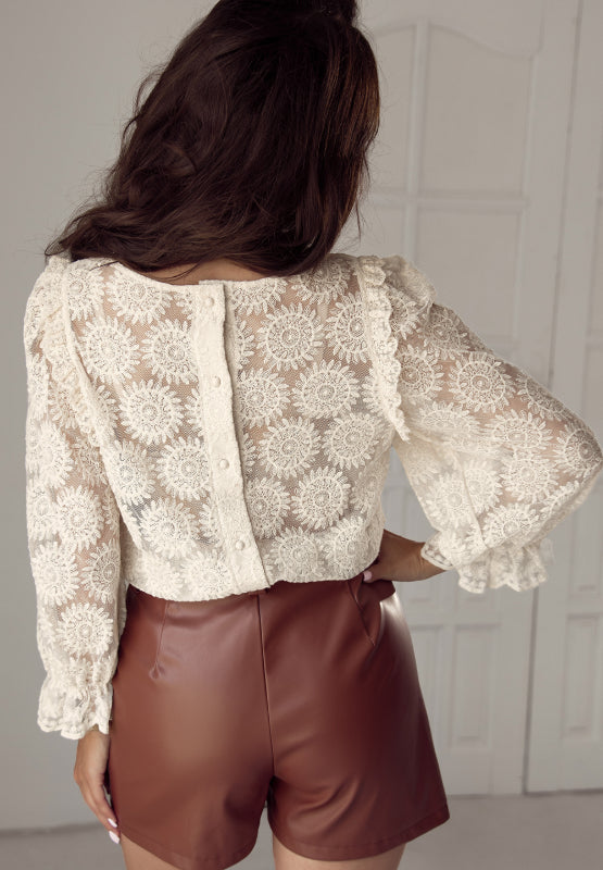 Flower Jacquard Flounce Sleeve Blouse