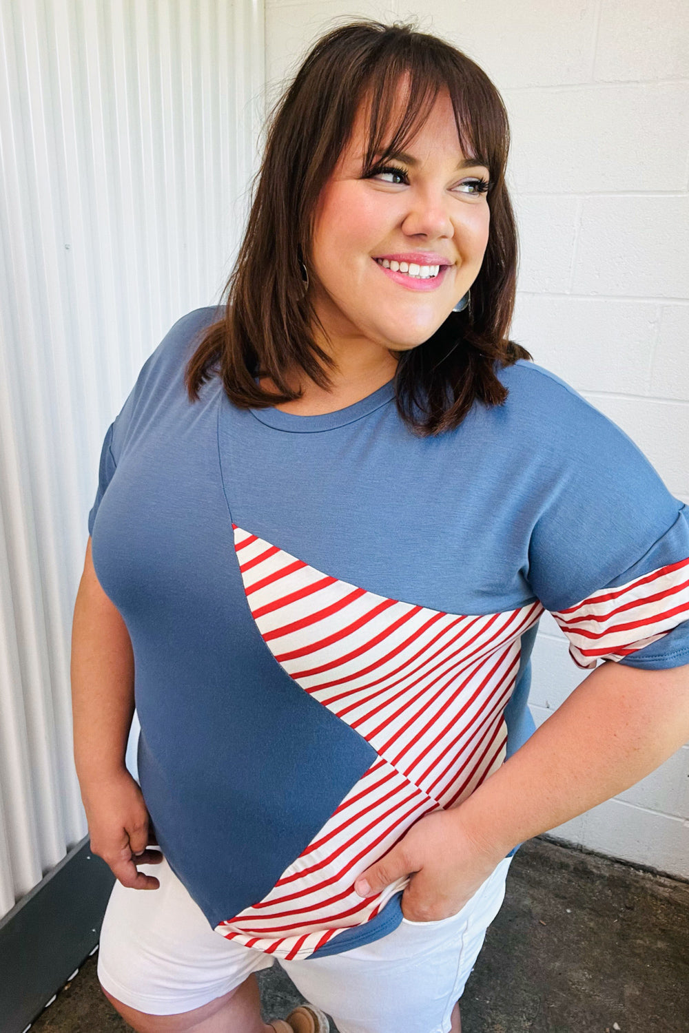 Red Striped Star Detail French Terry Patriotic Top