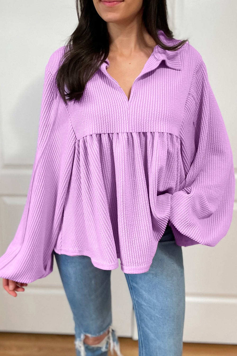 Texture Collared Neck Long Sleeve Blouse