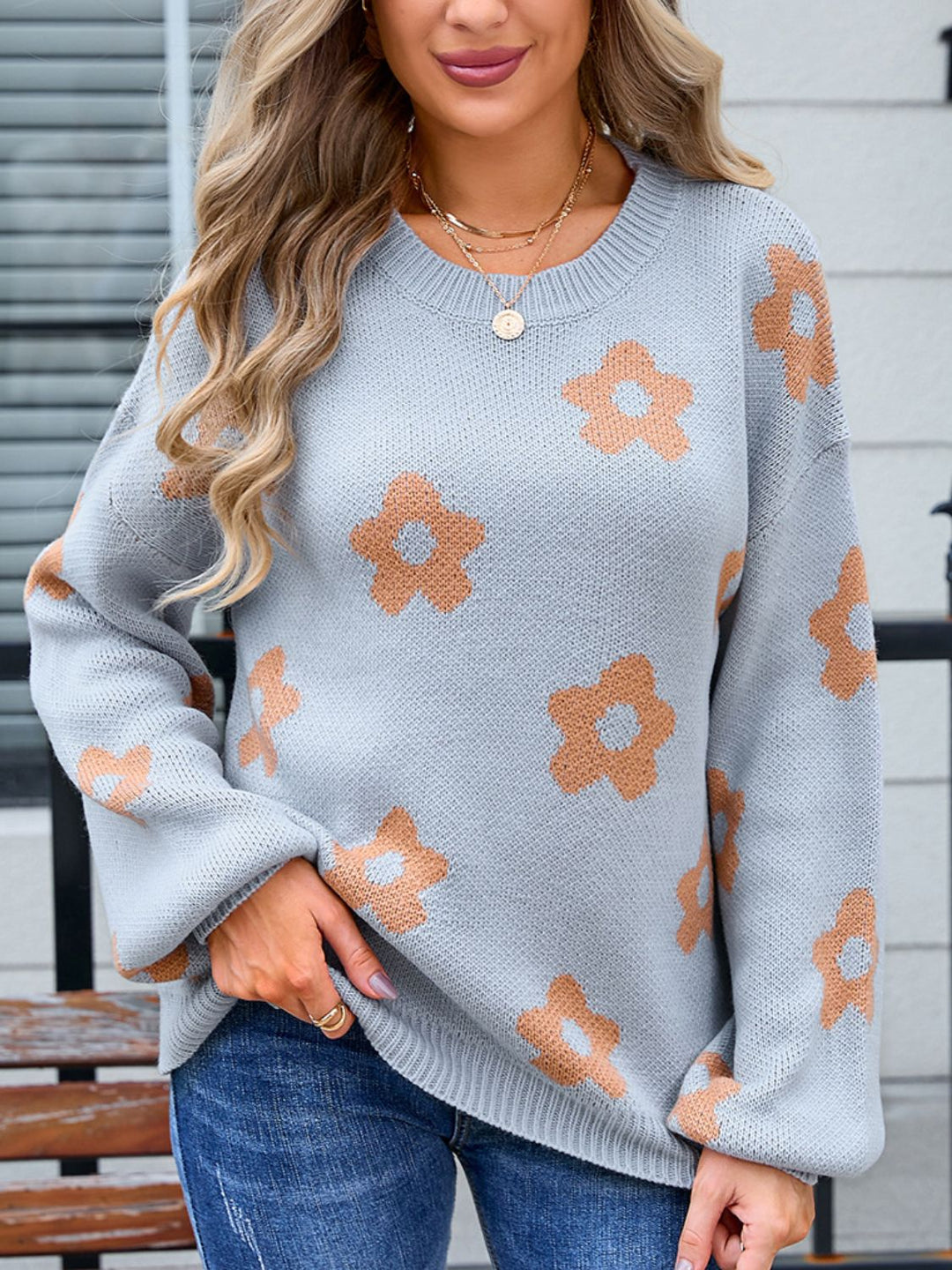 Flower Round Neck Dropped Shoulder Sweater