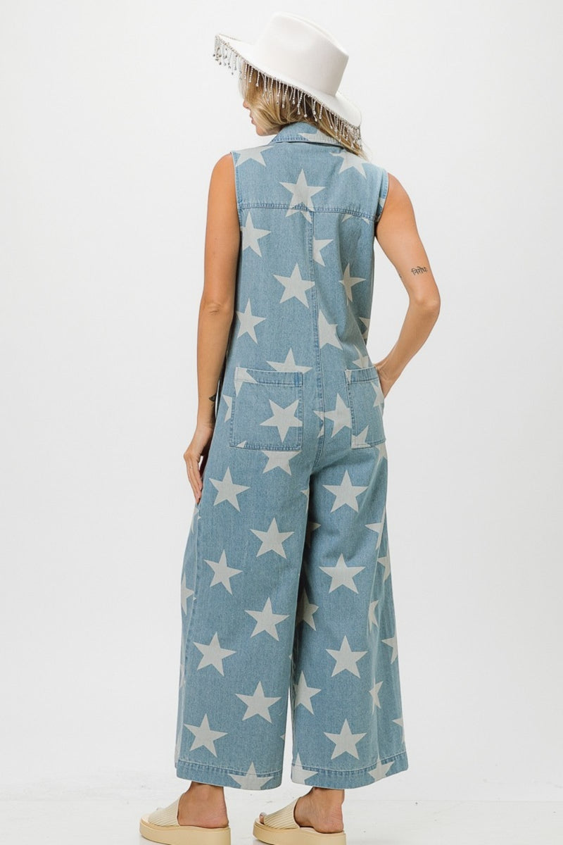 BiBi Star Print Half Zip Sleeveless Denim Jumpsuit