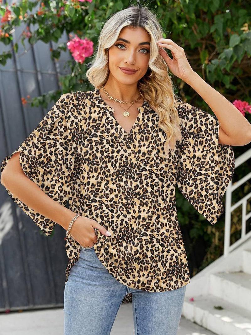 Printed Notched Half Sleeve Blouse