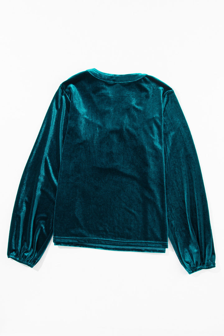 Notched Long Sleeve Velvet Top