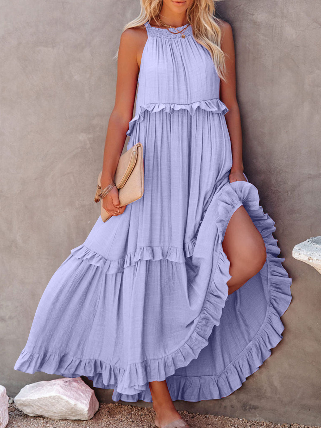 Ruffled Sleeveless Maxi Dress with Pockets