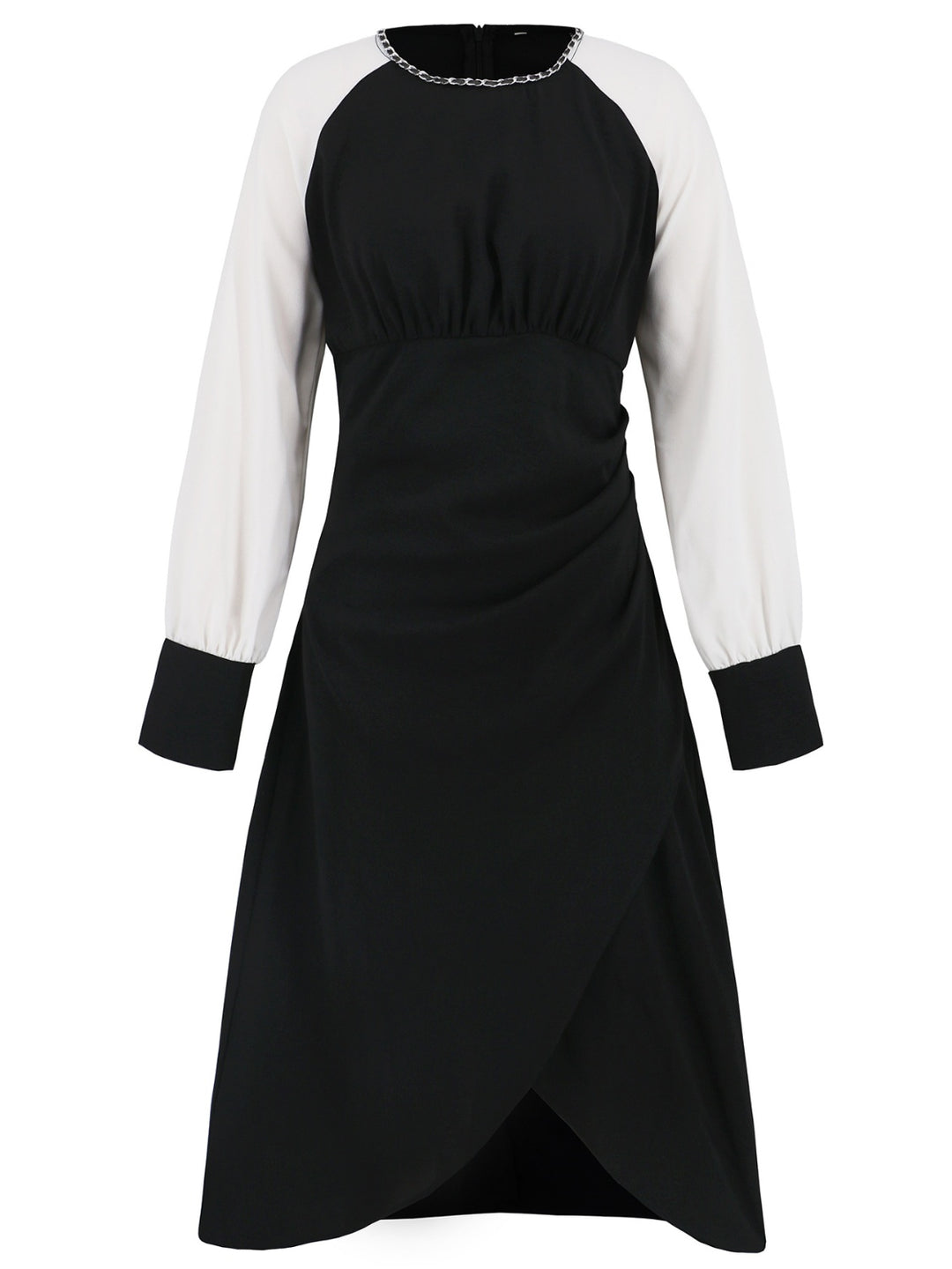 Ruched Contrast Long Sleeve Midi Dress