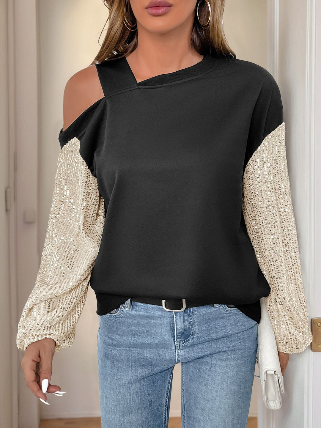 Perfee Sequin Asymmetrical Neck Long Sleeve Sweatshirt