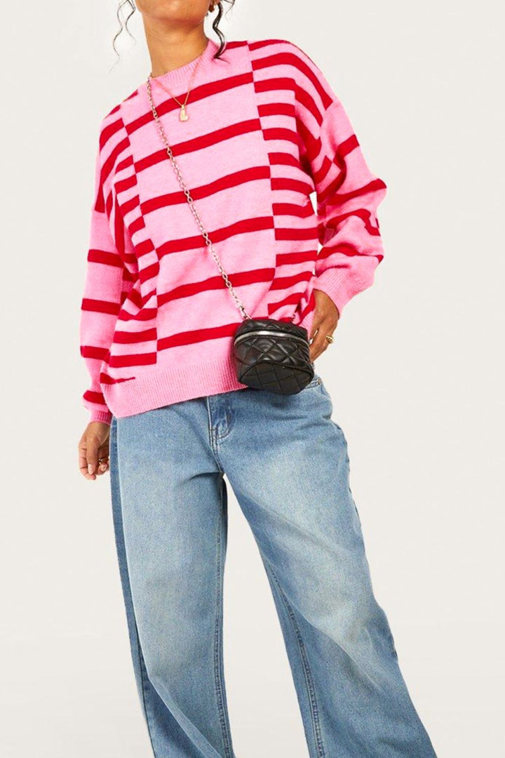 Striped Round Neck Dropped Shoulder Sweater