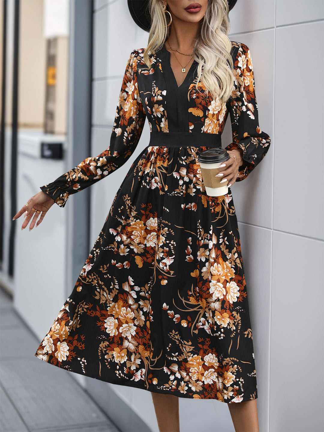 Printed Notched Long Sleeve Midi Dress