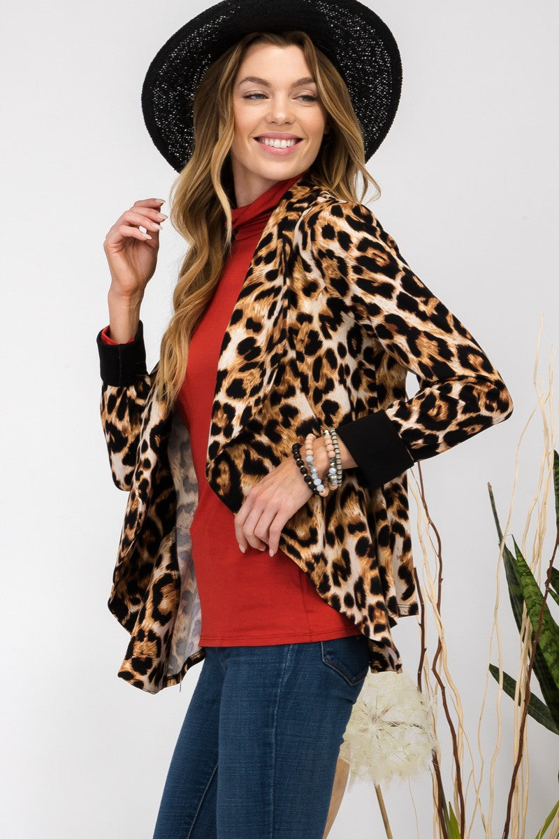 Celeste Full Size Leopard Open Front Long Sleeve Blazer