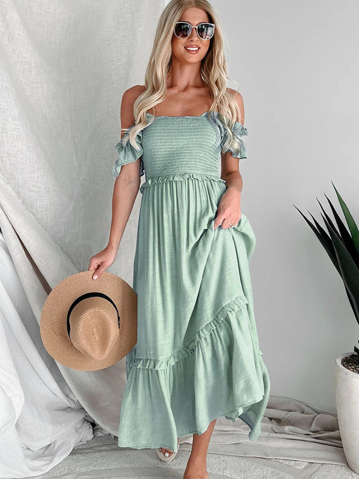 Frill Smocked Off-Shoulder Ruffle Sleeve Dress