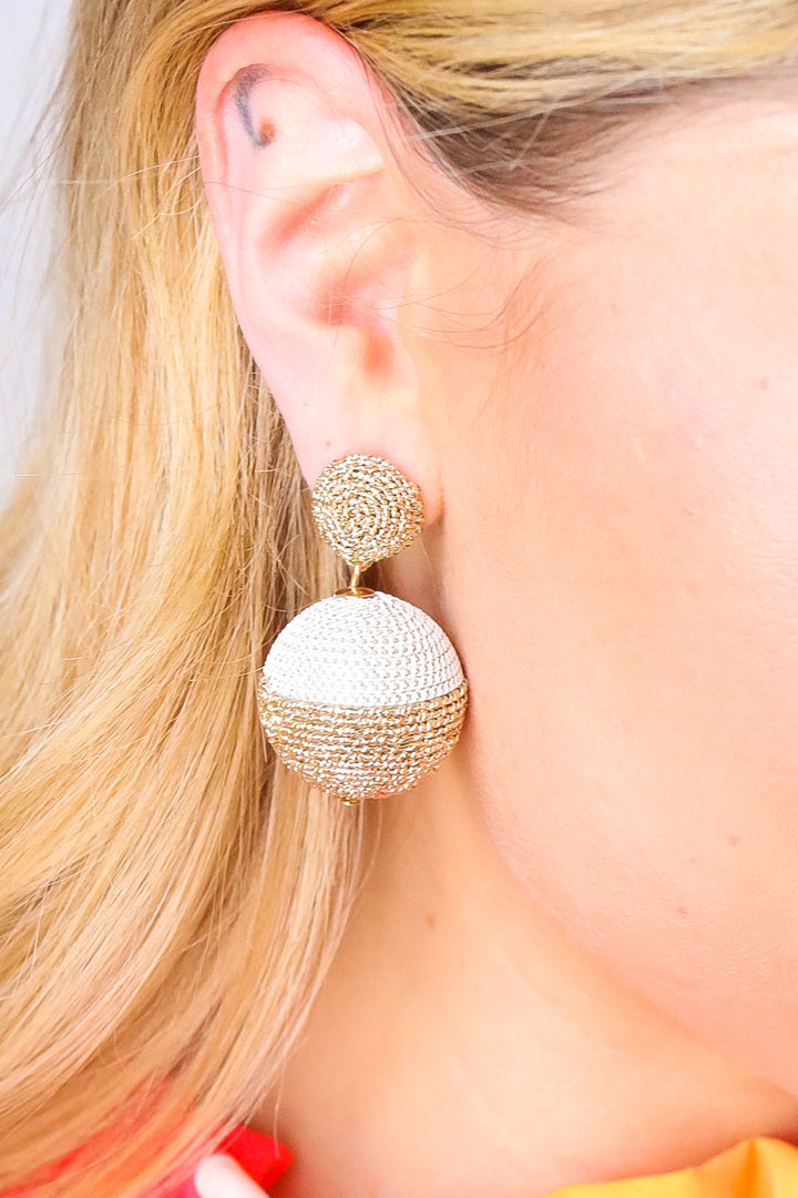 Gold & Ivory Lantern Raffia Dangle Ball Earrings