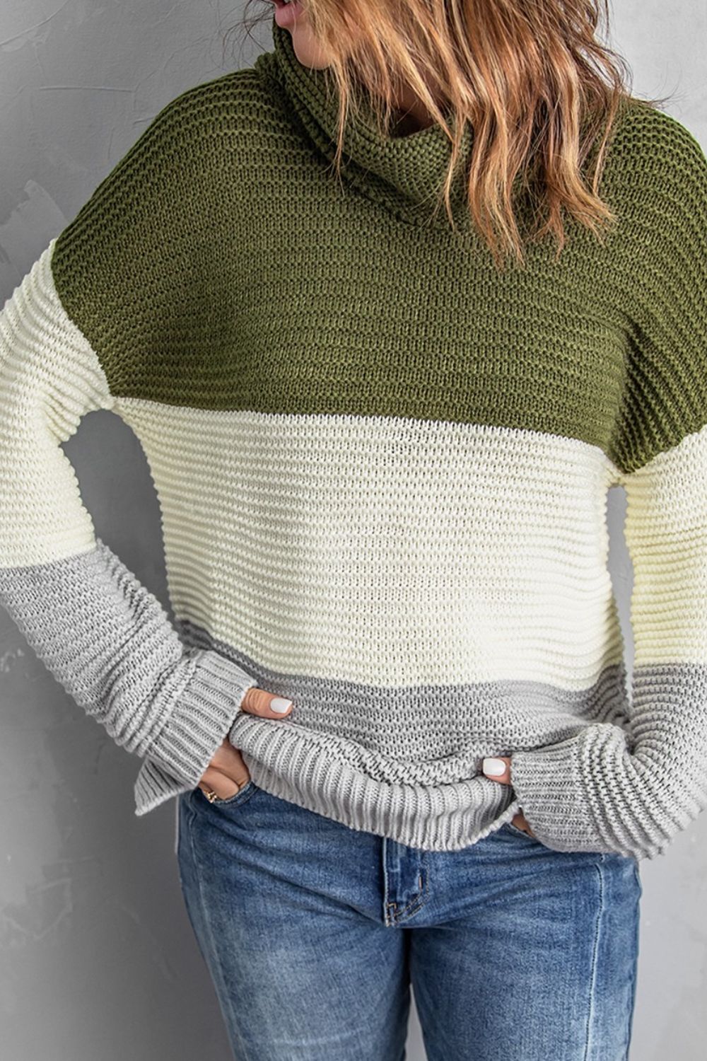 Color Block Turtleneck Long Sleeve Sweater