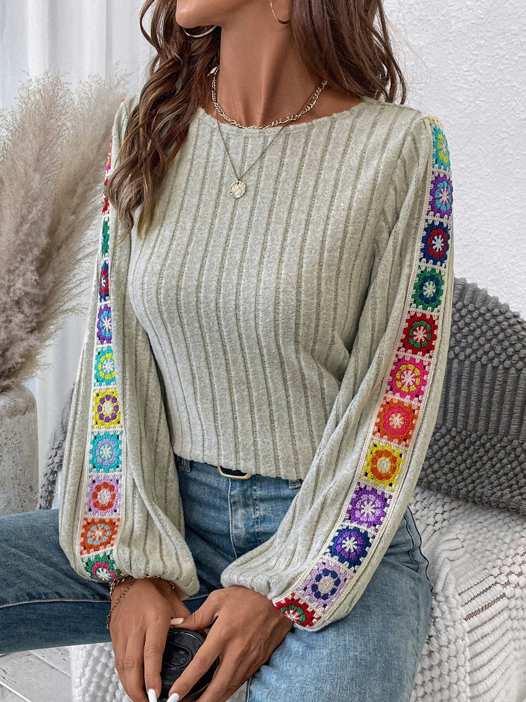 Embroidered Round Neck Long Sleeve Blouse