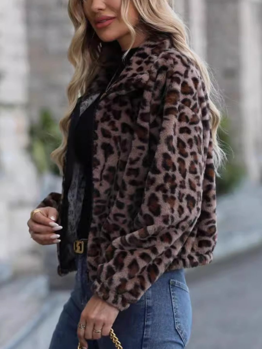 Leopard Collared Neck Zip Up Jacket