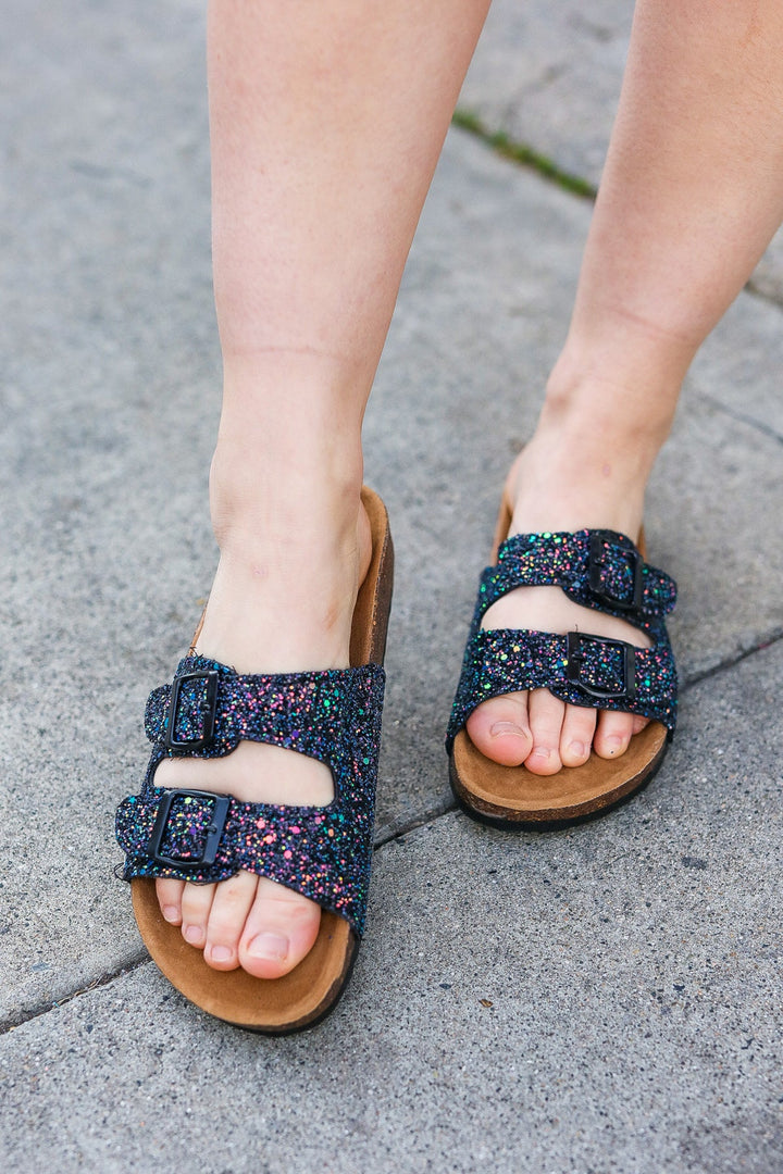 Black Glitter Cork Bed Buckle Slip-On Sandals