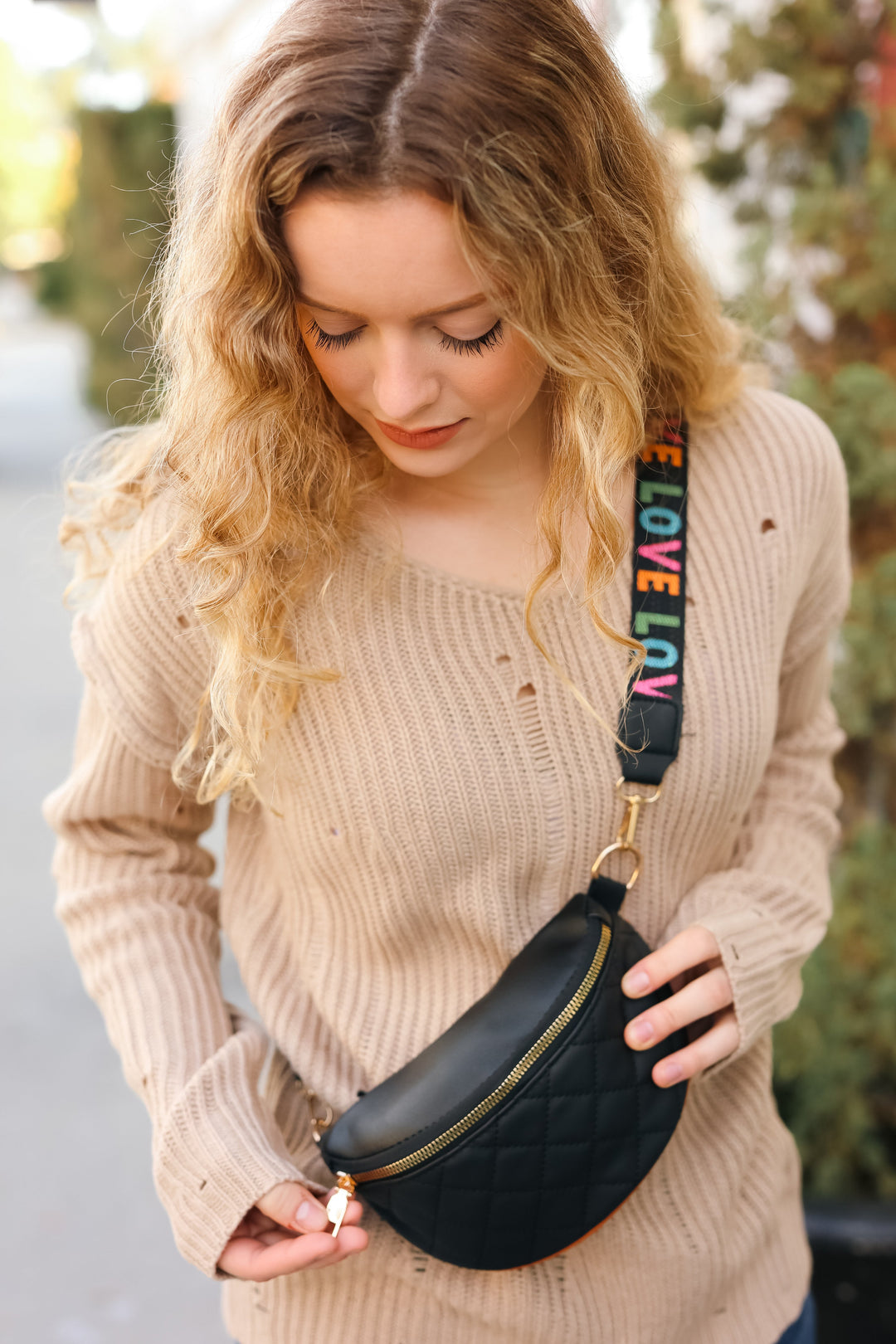 Black Quilted "LOVE" Strap Crossbody Sling Bag