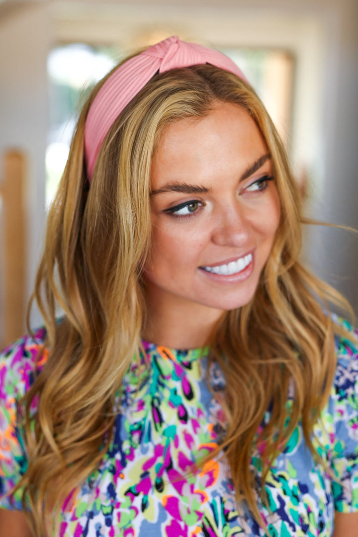 Dusty Pink Ribbed Knit Top Knot Headband
