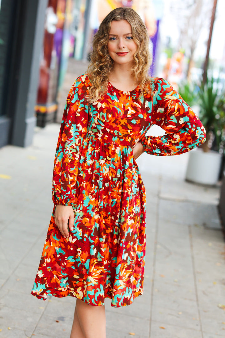 Date Night Ready Burgundy Rust/Jade Floral Print Midi Dress