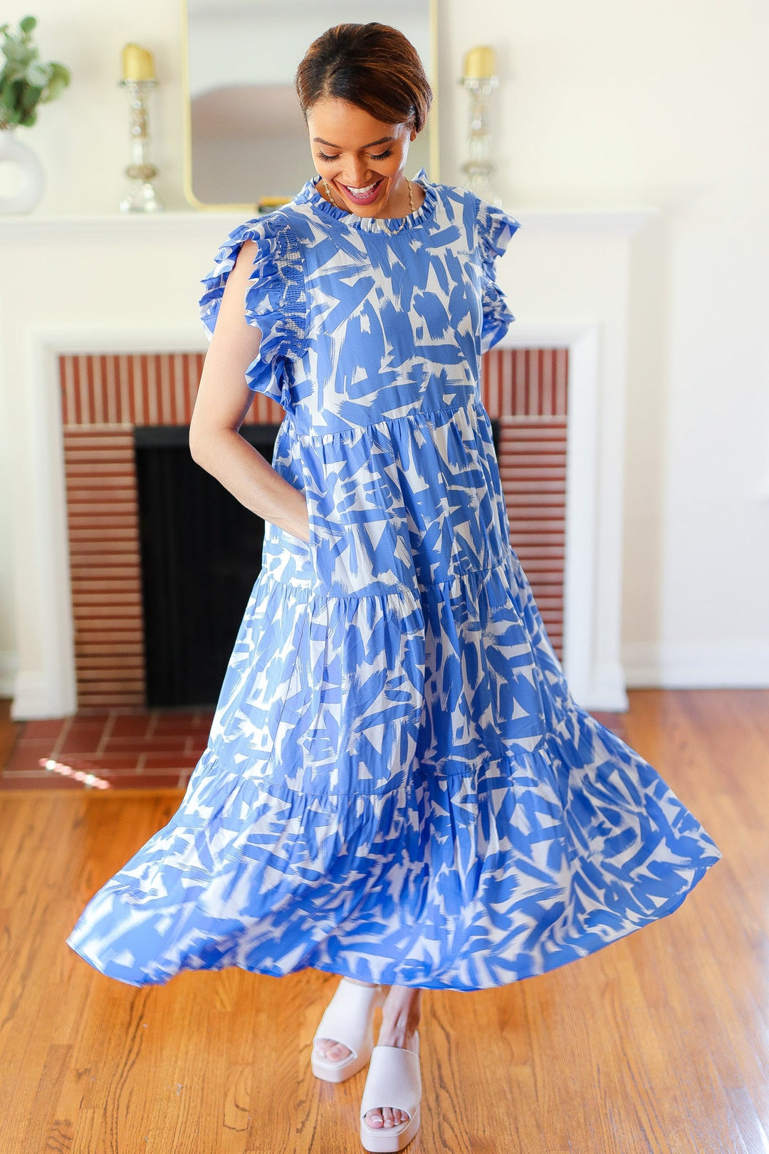 Love Found Sky Blue Abstract Print Tiered Smocked Ruffle Sleeve Maxi Dress