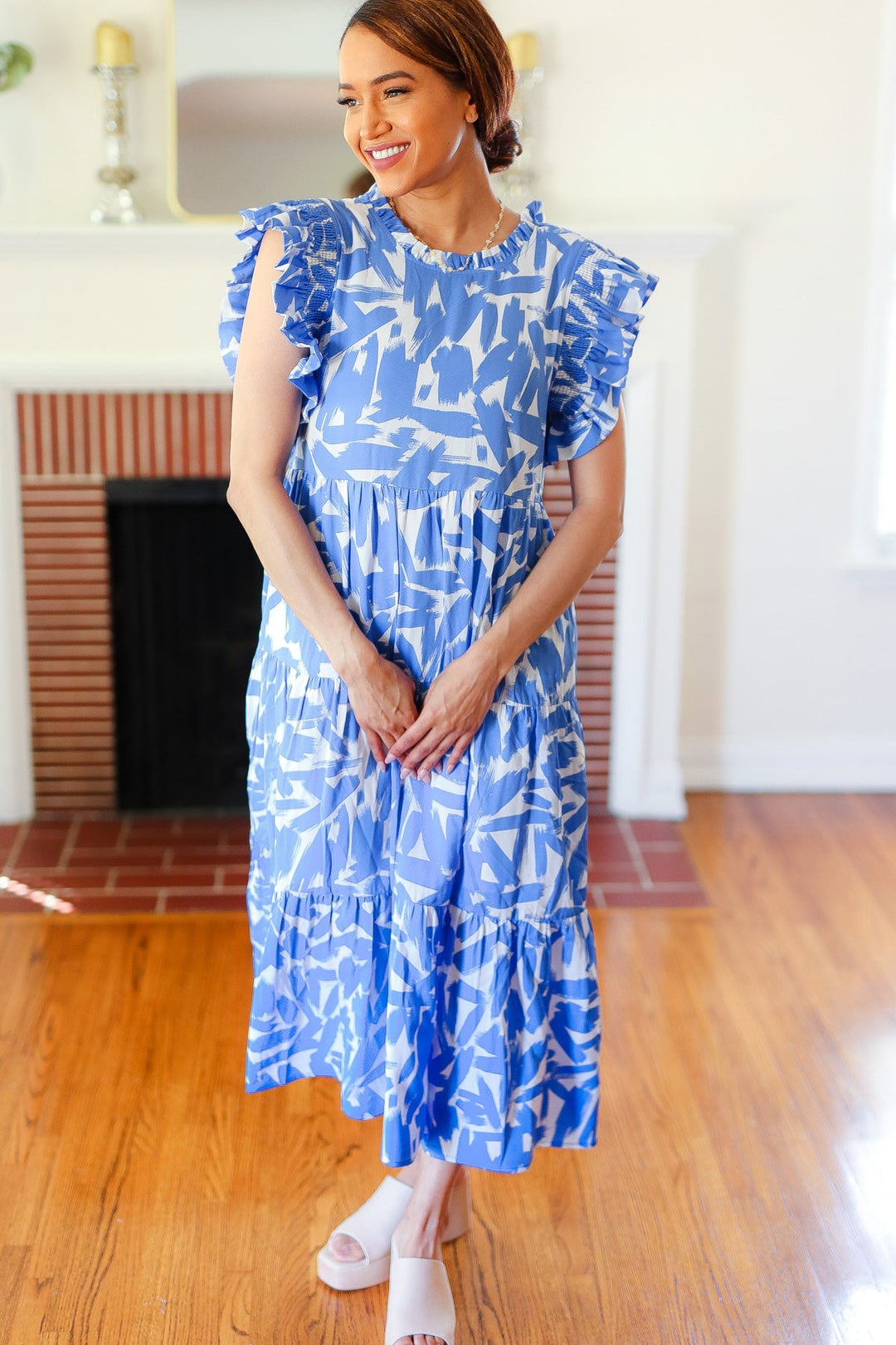 Love Found Sky Blue Abstract Print Tiered Smocked Ruffle Sleeve Maxi Dress