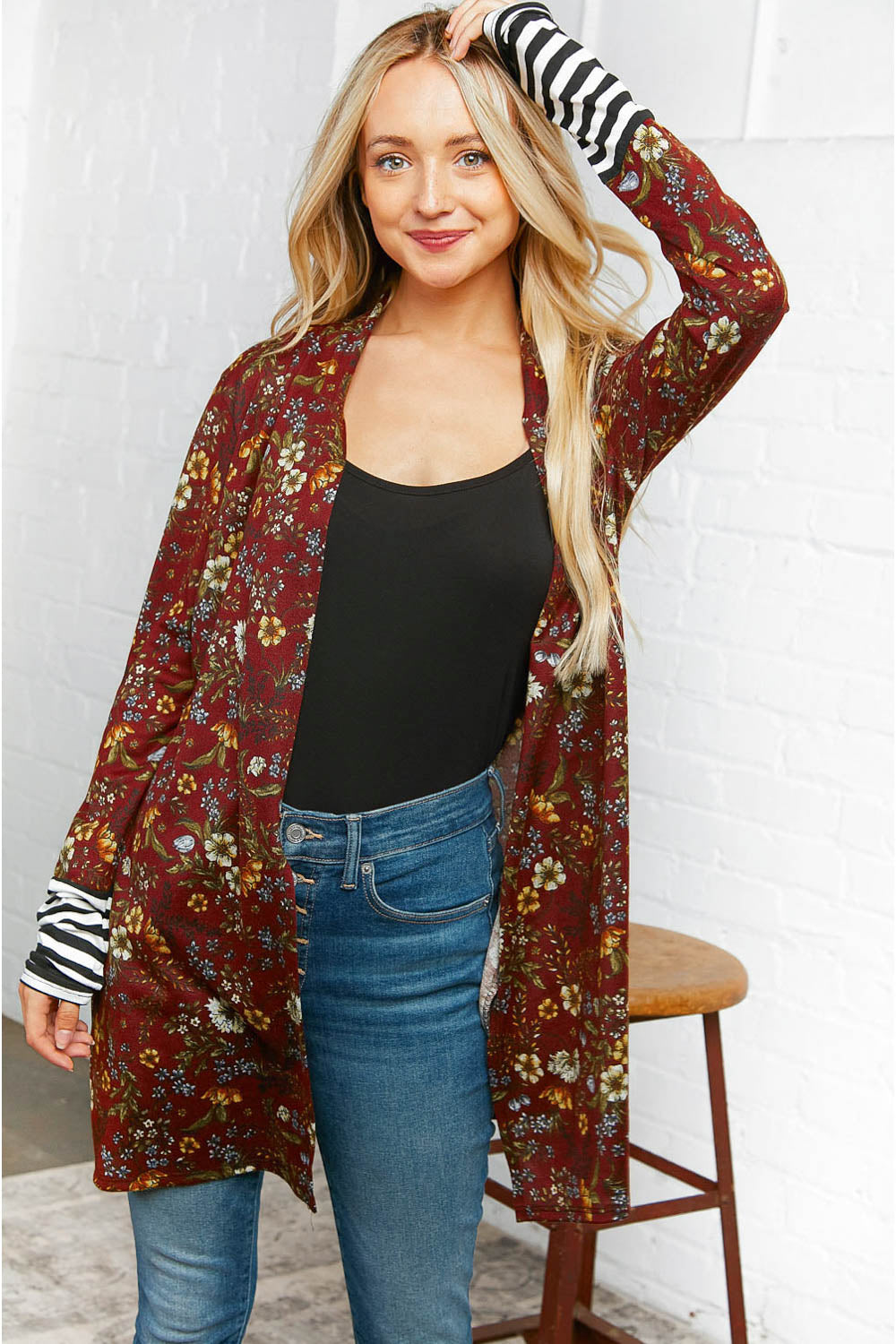 Burgundy Floral Stripe Cardigan with Thumbholes