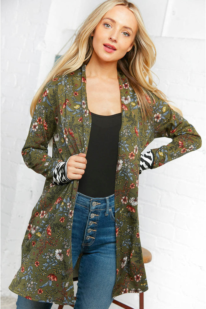 Emerald Floral Stripe Cardigan with Thumbholes