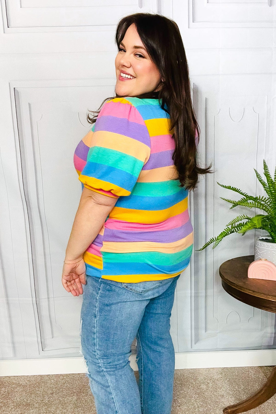 Can't Look Away Multicolor Stripe Bubble Sleeve Terry Top