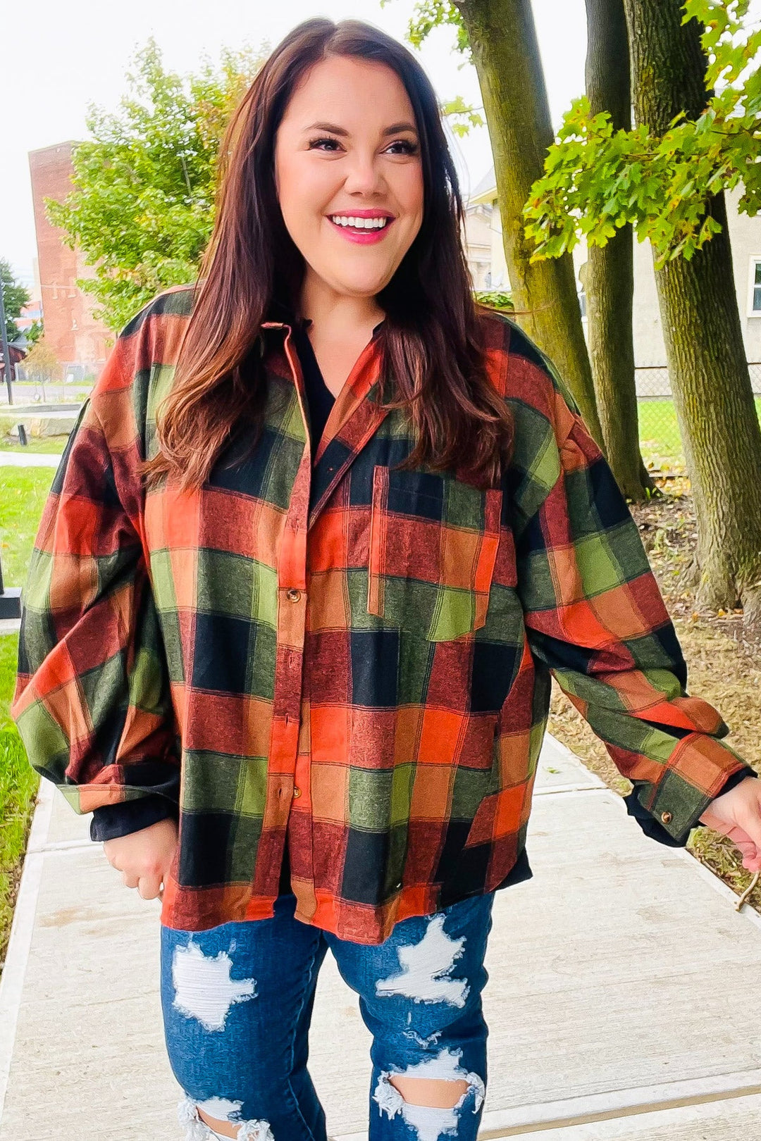 Rock'n Plaid Olive & Rust Button Down Oversized Shirt