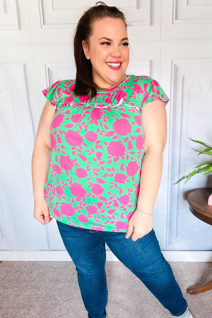 Sassy Green & Fuchsia Floral Ruffle Short Sleeve Yoke Top