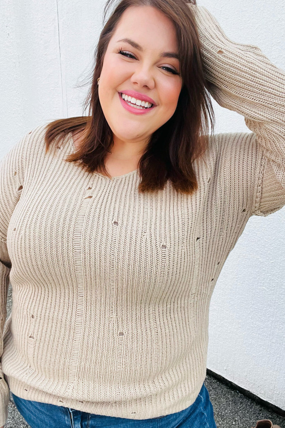 Dueling Dreams Taupe Distressed V Neck Sweater